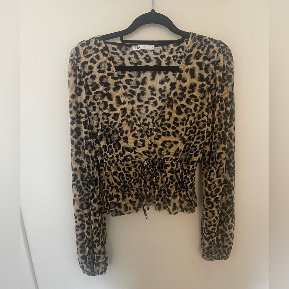 Semi cropped blouse with drawstring waist tie, balloon sleeve sand v-neckline